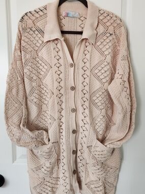 Free People Cream Open-Knit Button Cardigan